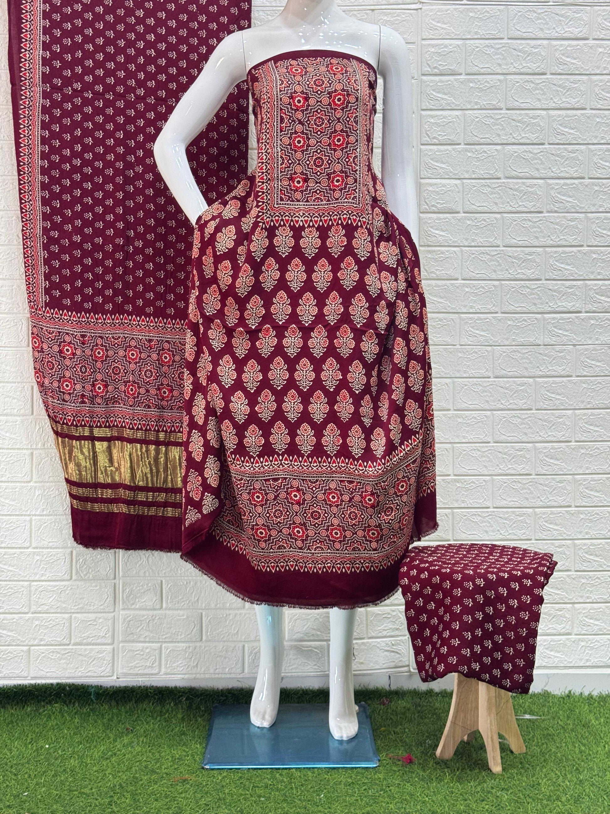 Pure Modal Silk Rust Ajrakh Hand Block Print Neptol Dye 3 Pice Suit