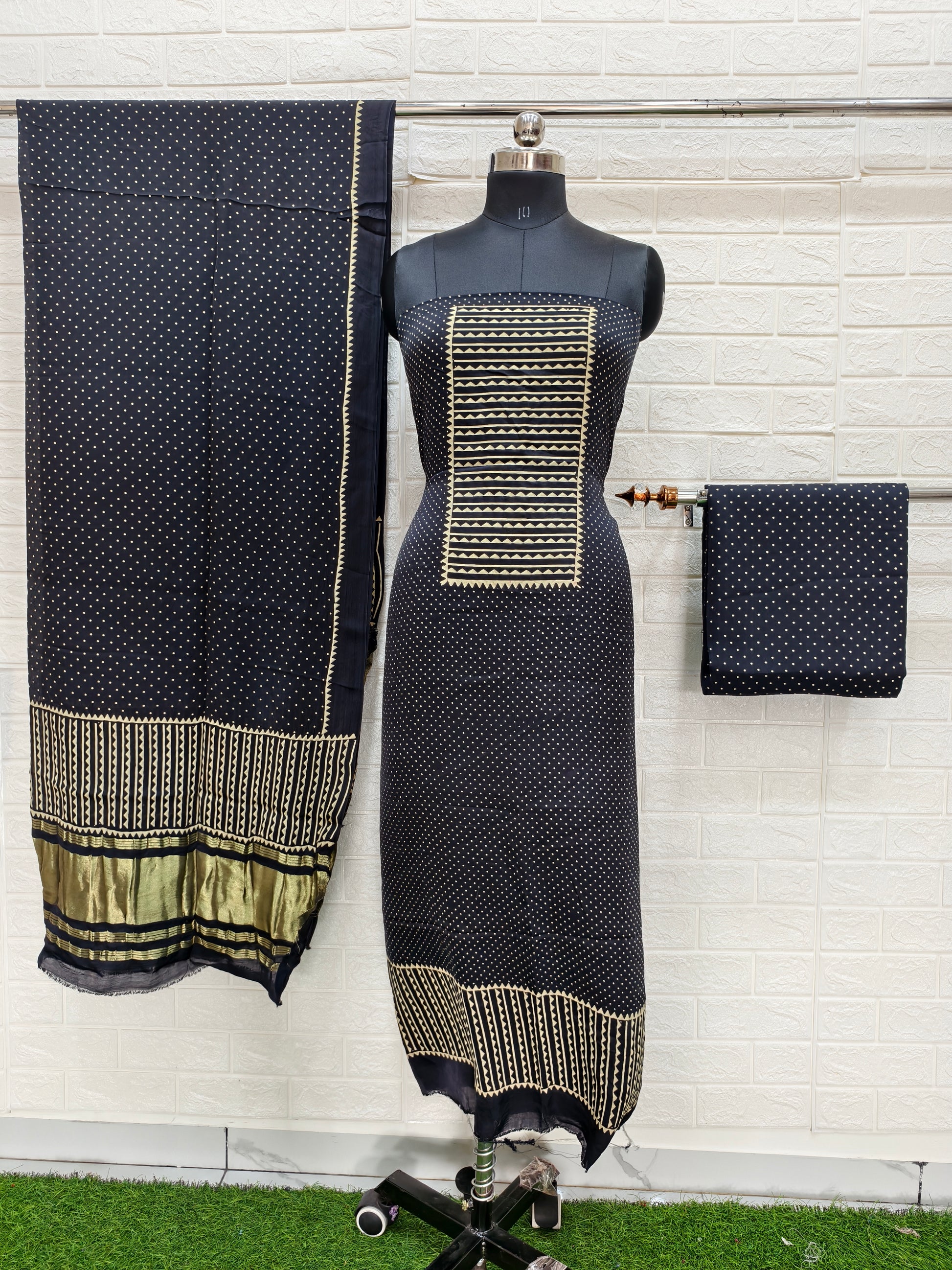 bleck Pure Modal Silk Ajrakh Hand Block Print Neptol Dye 3 Pice Suit