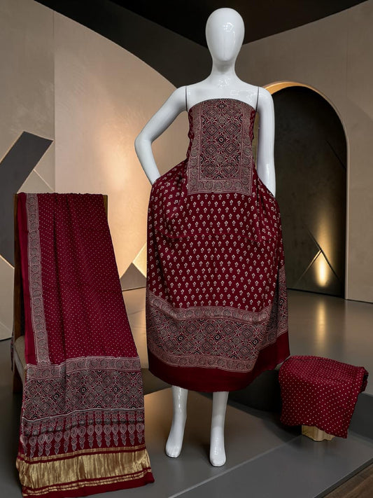 ladish maroon Modal Silk Ajrakh Hand Block Print Suit with Neptol Dye & Zari Pallu Dupatta – Premium Designer Ethnic Wear