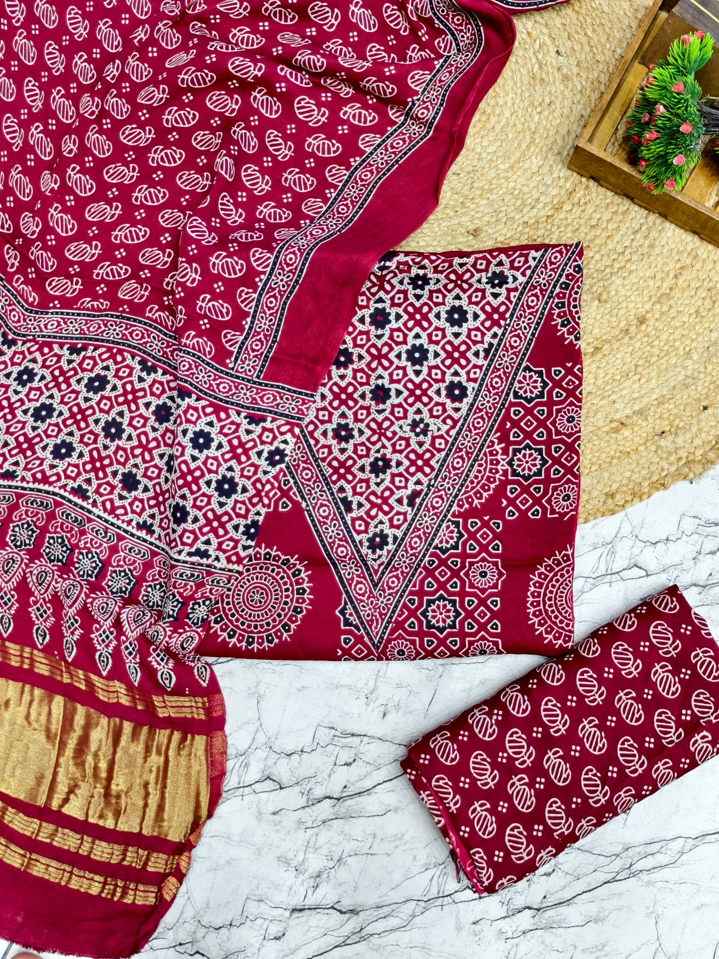 Modal Silk maroon Ajrakh Hand Block Print Suit with Neptol Dye & Zari Pallu Dupatta – Premium Designer Ethnic Wear
