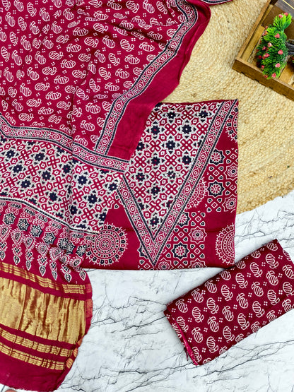 Modal Silk maroon Ajrakh Hand Block Print Suit with Neptol Dye & Zari Pallu Dupatta – Premium Designer Ethnic Wear