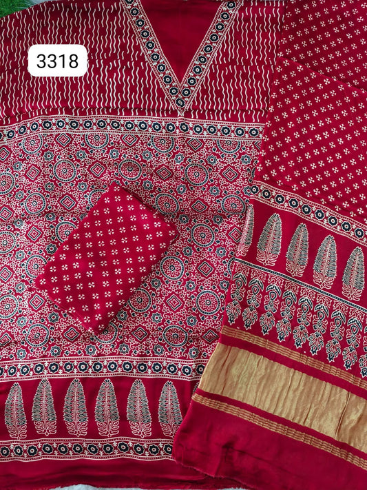 Pure Modal Silk Ajrakh Hand Block Print Neptol Dye 3 Pice Suit