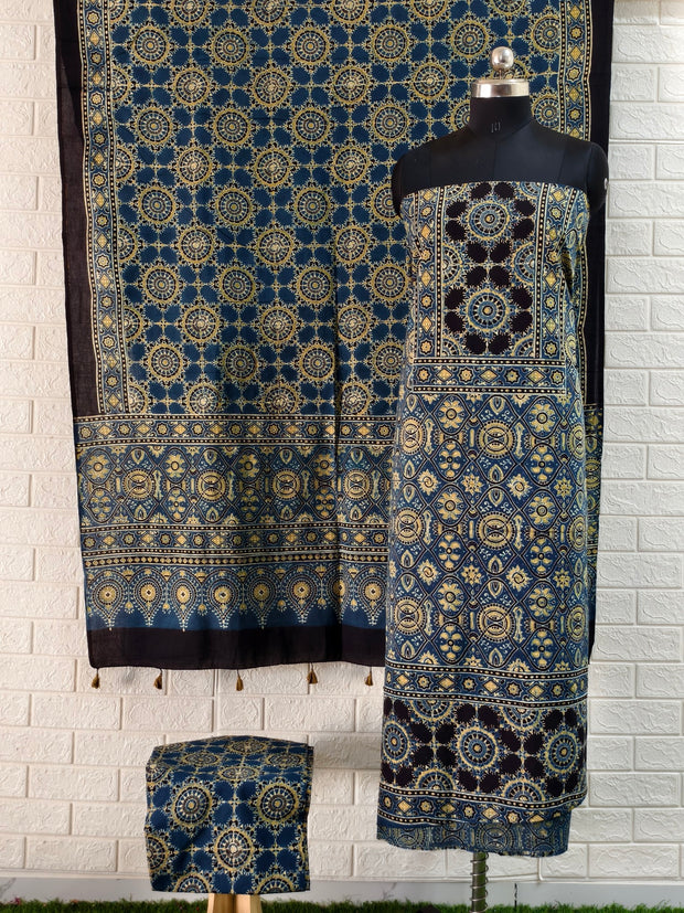Buy Pure Cotton Indigo Blue Ajrakh Hand Block Print Nechral Dye 3 Pice Suit