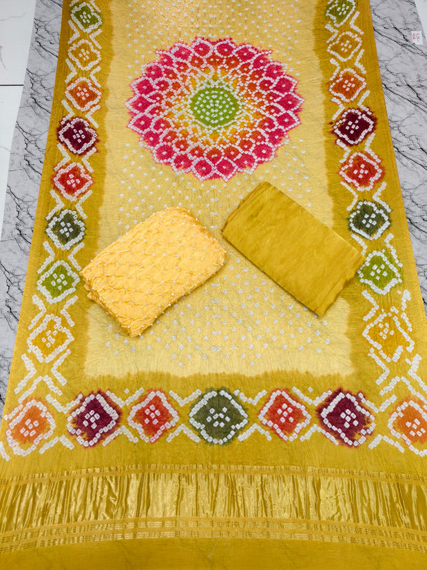 Premium Multi-Color Modal Silk Bandhej Suit Set | Handcrafted Bandhani Designer Dress Material with Zari Dupatta