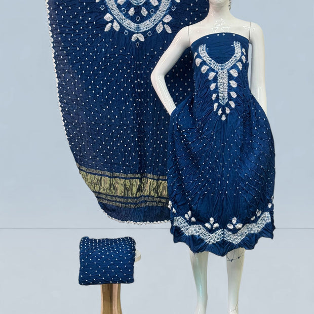 Modal Silk Shibori Suit Set with Bandhej Bottom & Zari Pallu Dupatta