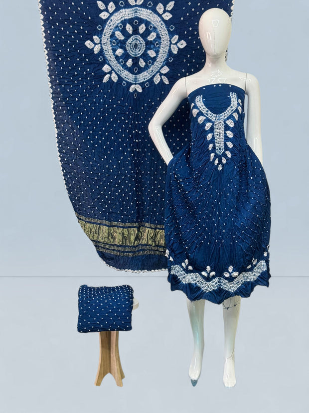 Modal Silk Shibori Suit Set with Bandhej Bottom & Zari Pallu Dupatta