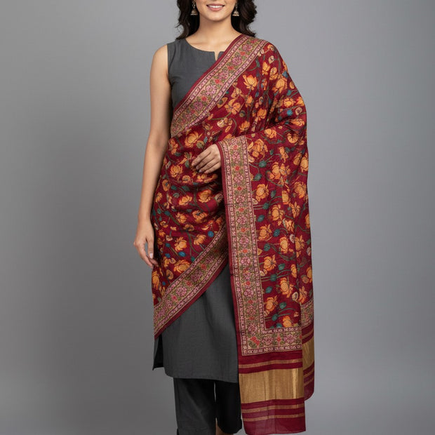 Beautiful Modal Silk Digital Kalamkari Print Dupatta With Zari Pallu