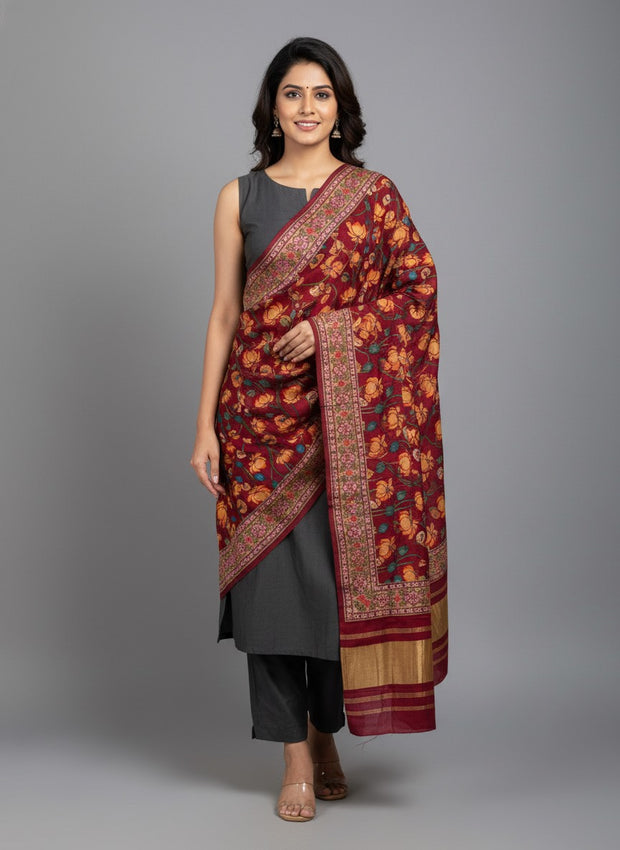 Beautiful Modal Silk Digital Kalamkari Print Dupatta With Zari Pallu