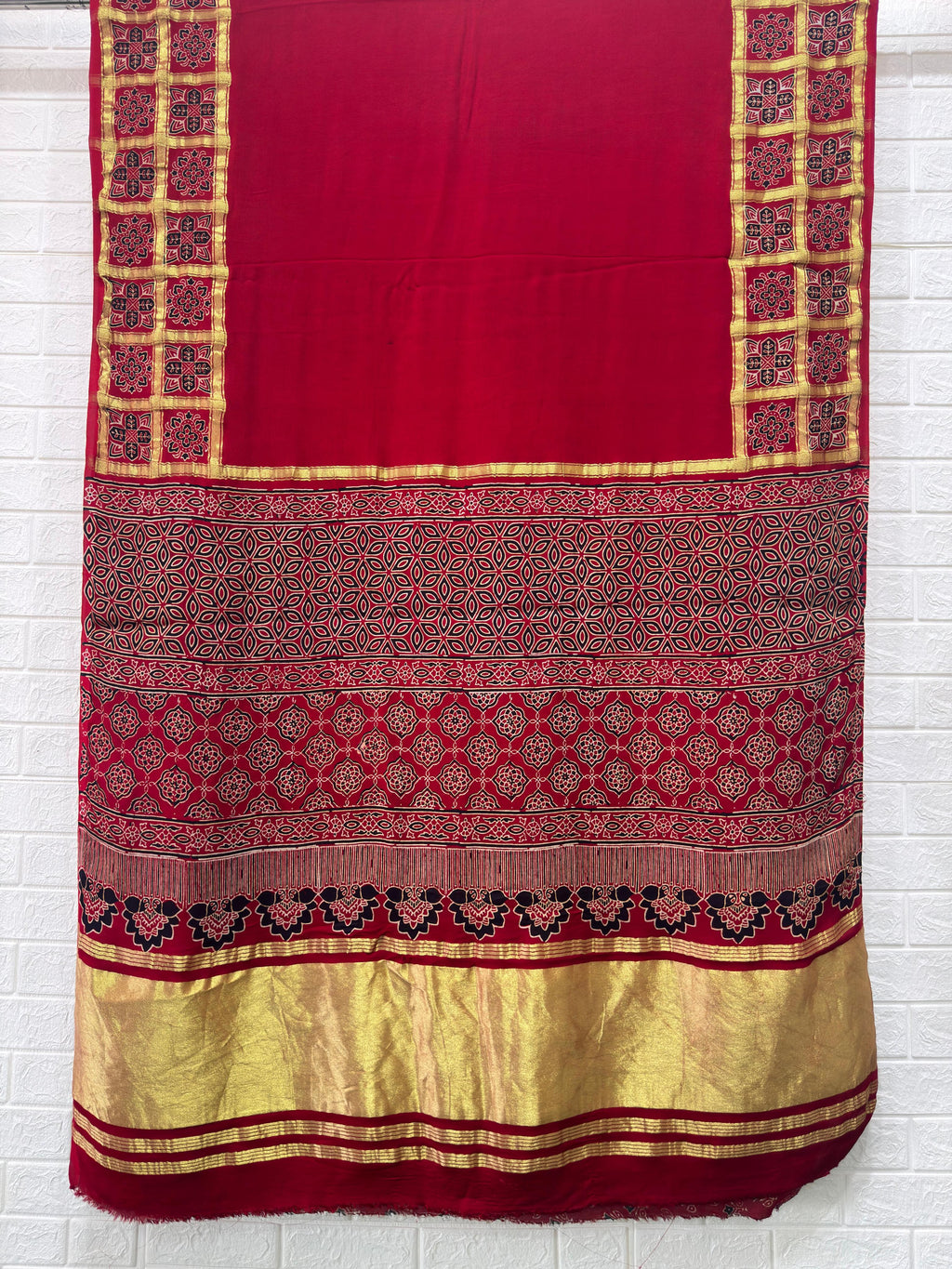 Ajrakh Hand Block Print Neptol Dye Saree with Zari Pallu