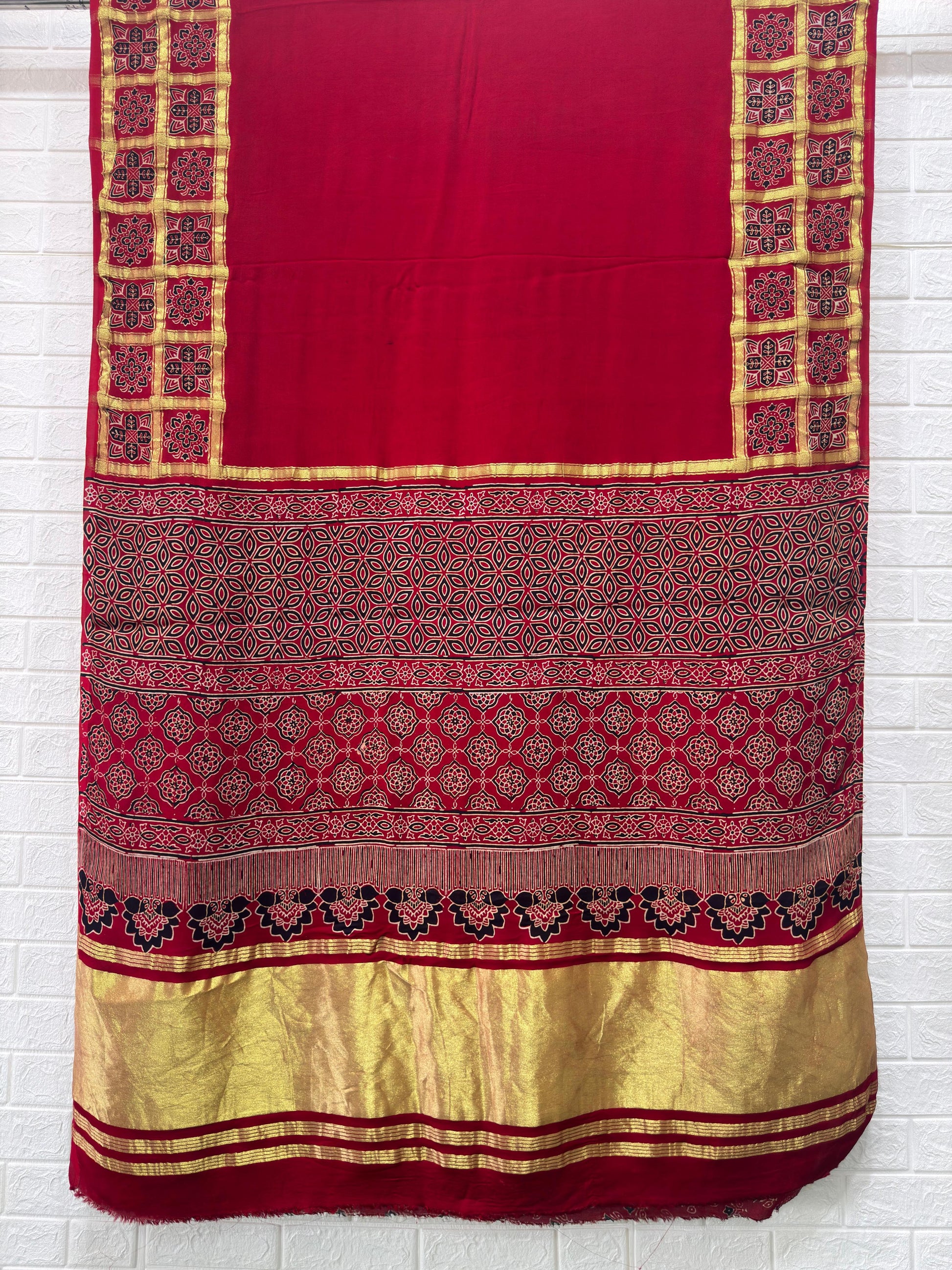 Ajrakh Hand Block Print Neptol Dye Saree with Zari Pallu
