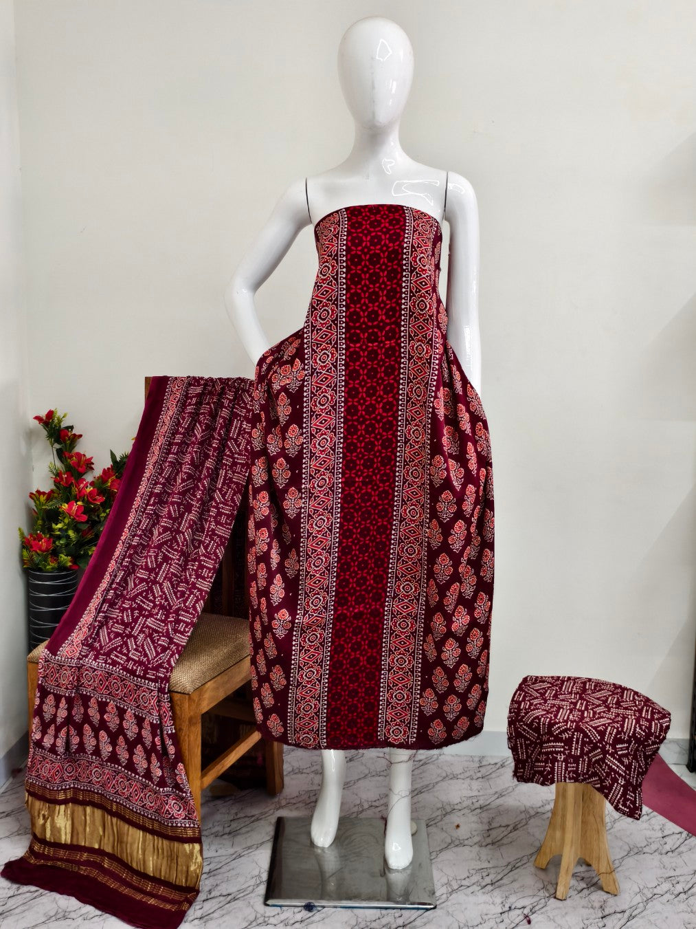 Modal Silk maroon  Ajrakh Hand Block Print Suit with Neptol Dye & Zari Pallu Dupatta – Premium Designer Ethnic Wear