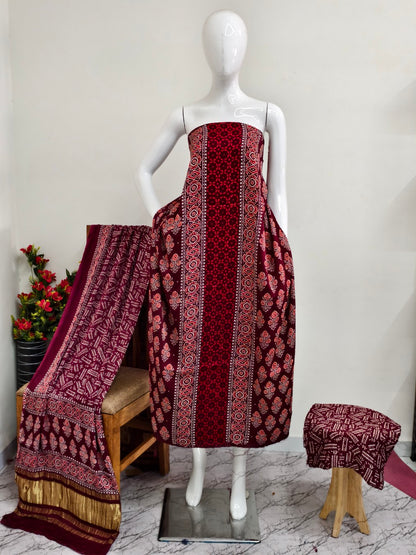 Modal Silk maroon  Ajrakh Hand Block Print Suit with Neptol Dye & Zari Pallu Dupatta – Premium Designer Ethnic Wear