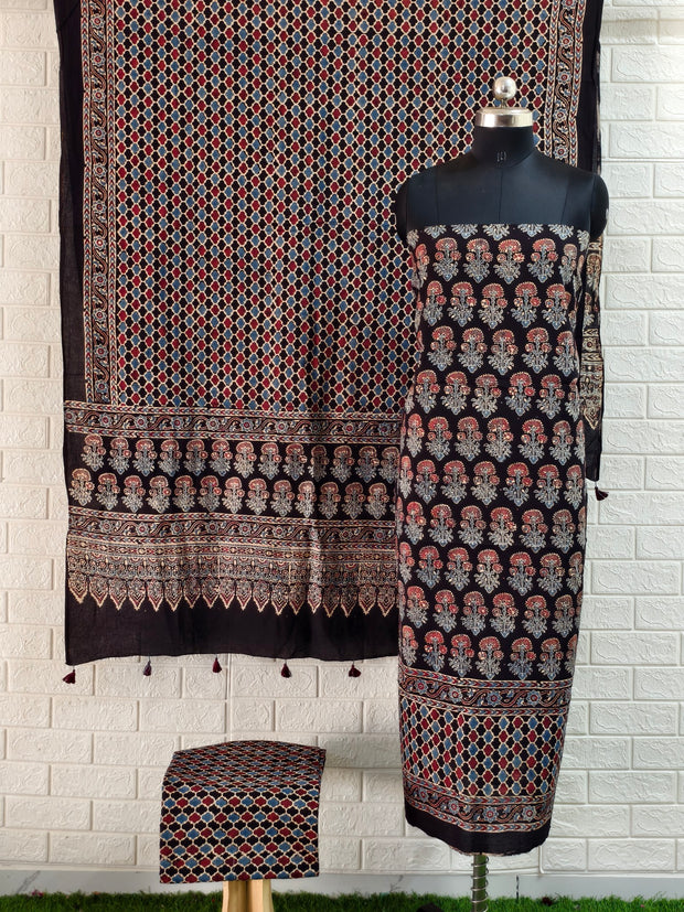 Buy Pure Cotton Bleck Ajrakh Hand Block Print Nechral Dye 3 Pice Suit