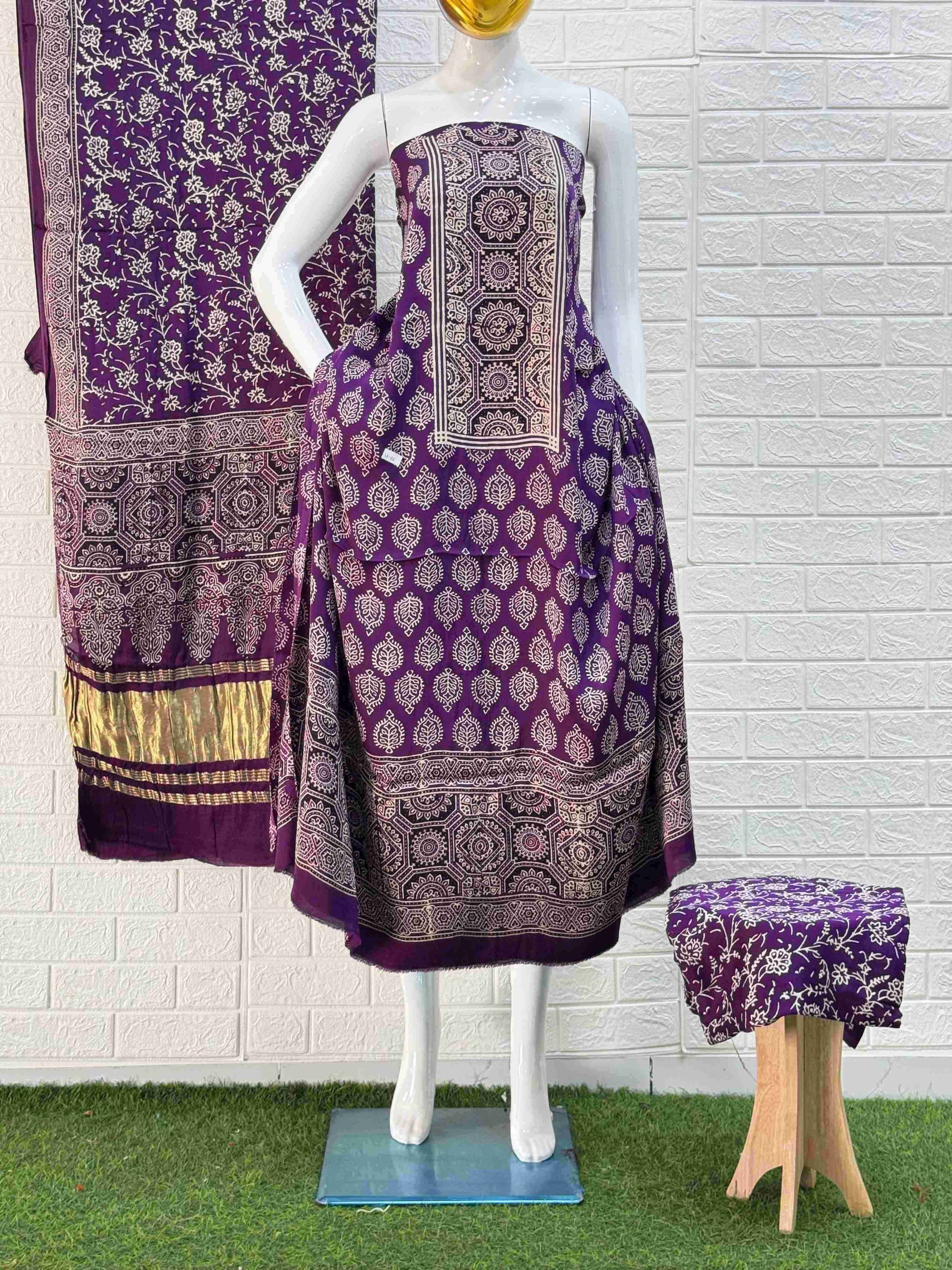 Pure Modal Silk Ajrakh Hand Block Print Neptol Dye 3 Pice Suit