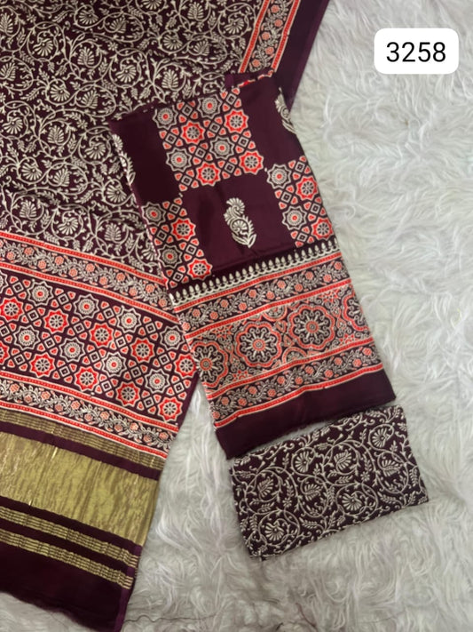 Pure Modal Silk Ajrakh Hand Block Print Neptol Dye 3 Pice Suit