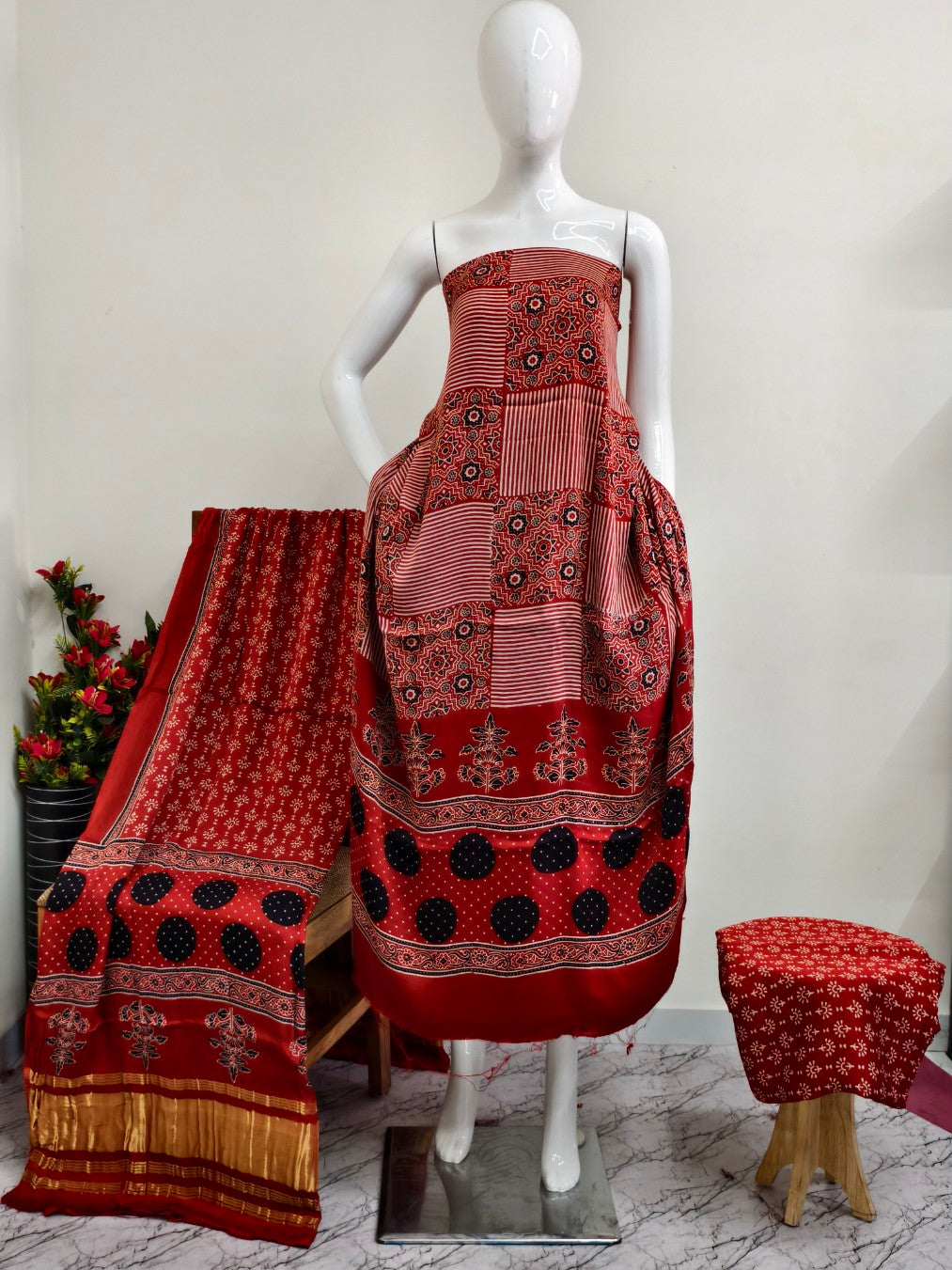 Modal Silk rust Ajrakh Hand Block Print Suit with Neptol Dye & Zari Pallu Dupatta – Premium Designer Ethnic Wear