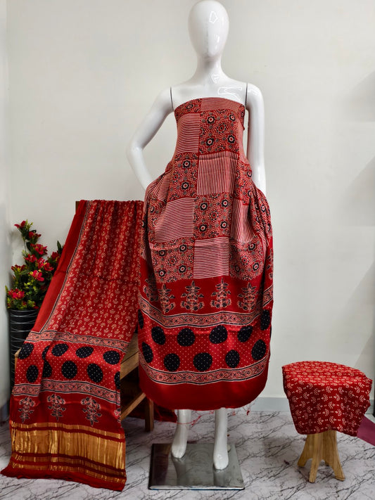 Modal Silk rust Ajrakh Hand Block Print Suit with Neptol Dye & Zari Pallu Dupatta – Premium Designer Ethnic Wear