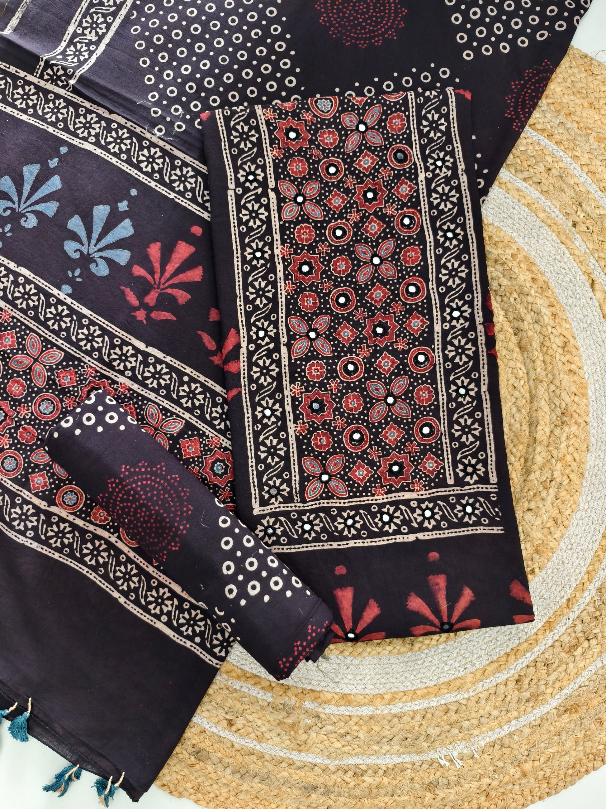 pure cotten ajrakh suit with mirror work & tassels - buy now