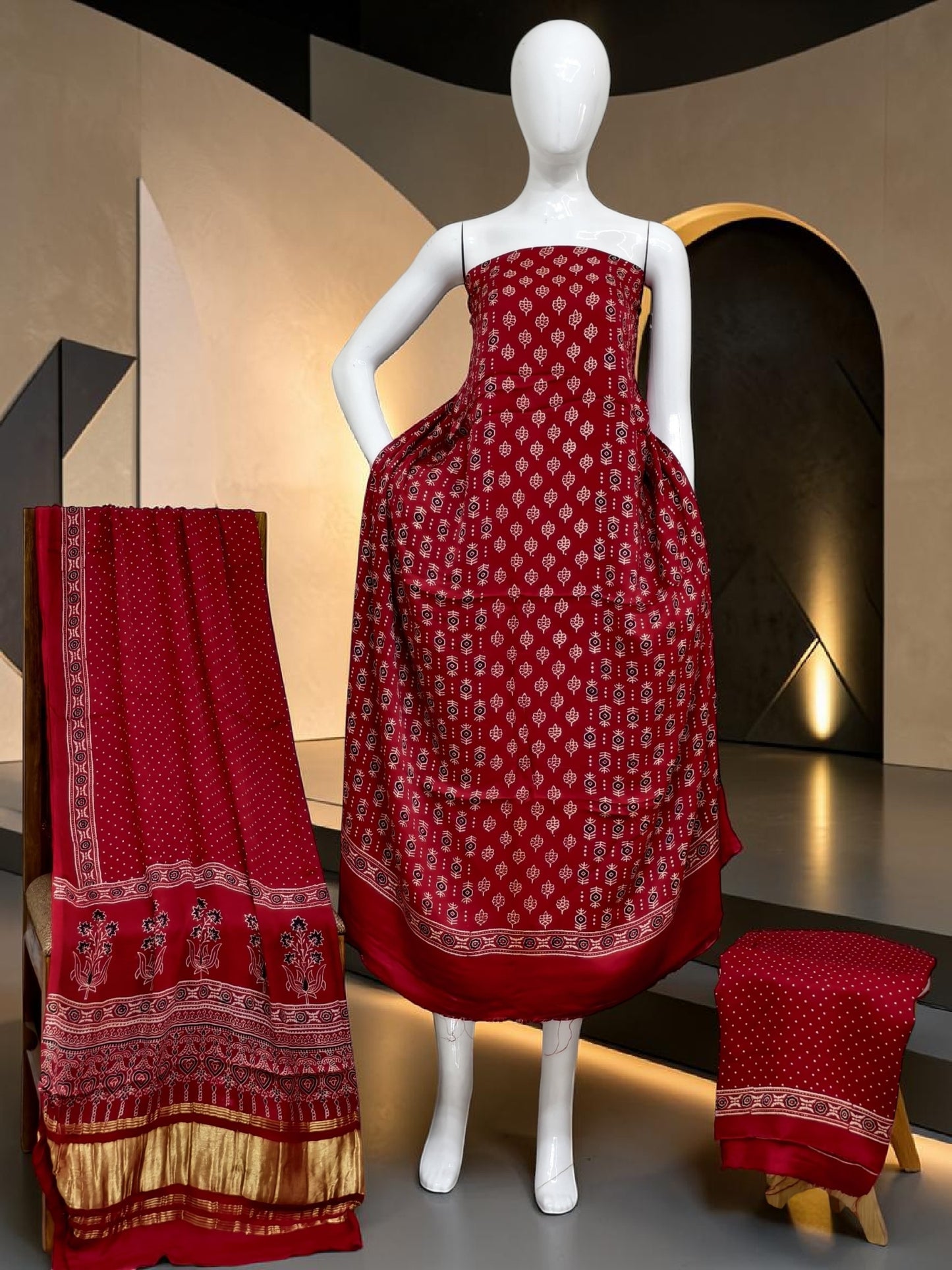 red Modal Silk Ajrakh Hand Block Print Suit with Neptol Dye & Zari Pallu Dupatta – Premium Designer Ethnic Wear