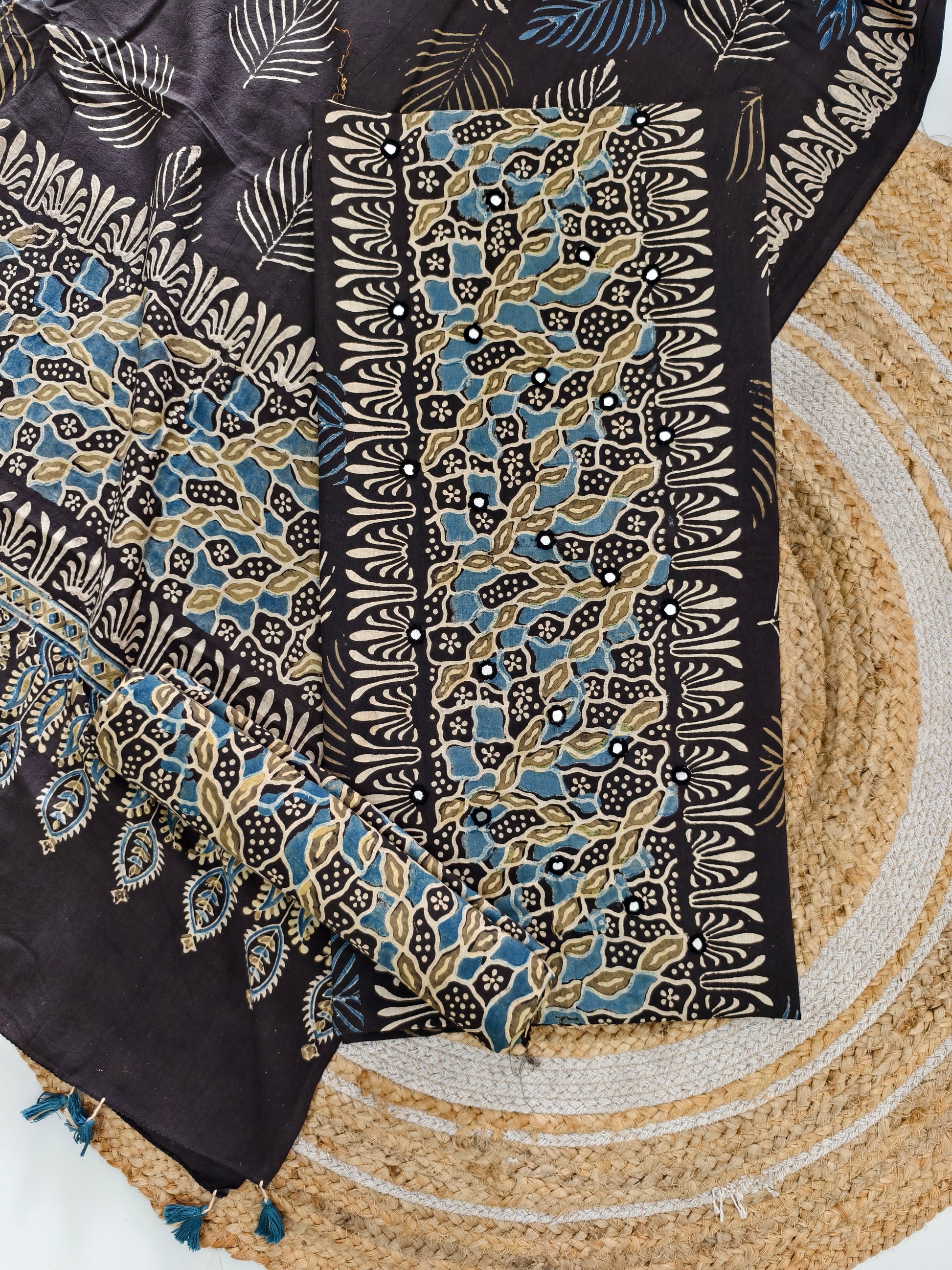 pure cotten ajrakh suit with mirror work & tassels - buy now