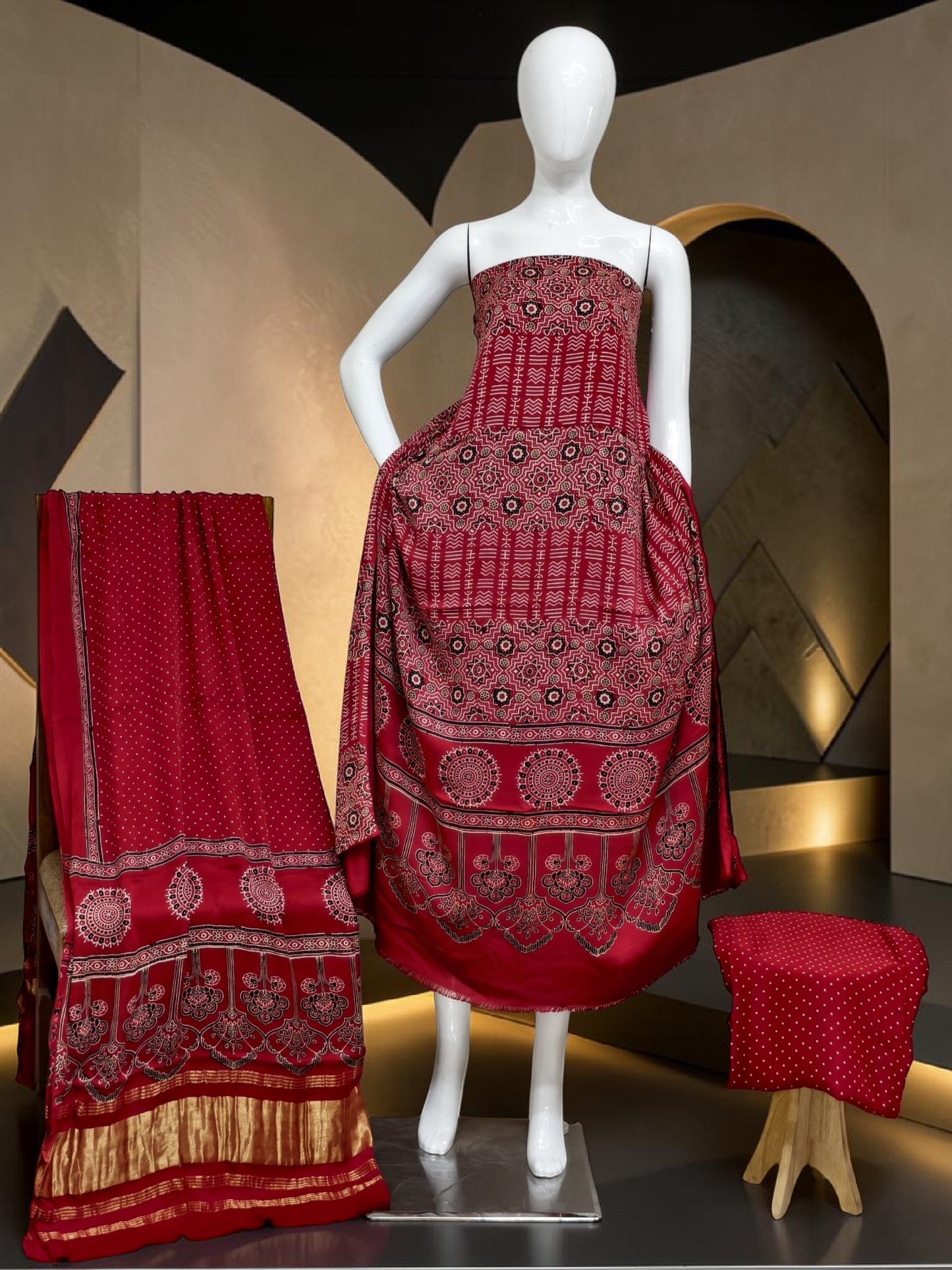 red Modal Silk Ajrakh Hand Block Print Suit with Neptol Dye & Zari Pallu Dupatta – Premium Designer Ethnic Wear