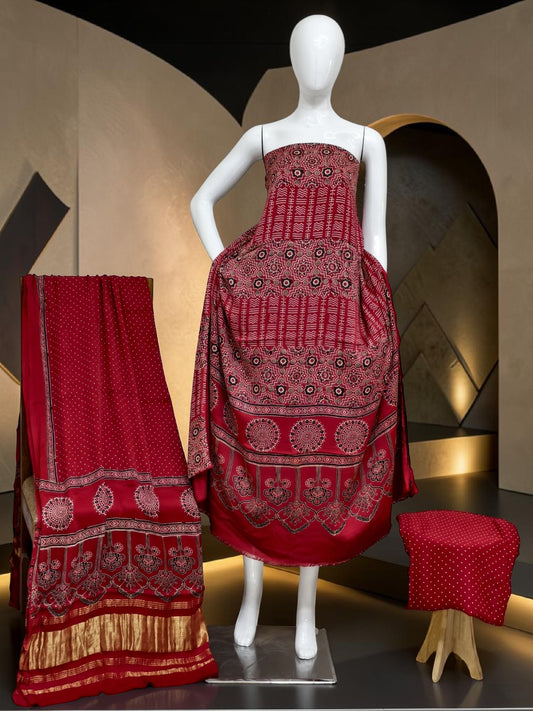 red Modal Silk Ajrakh Hand Block Print Suit with Neptol Dye & Zari Pallu Dupatta – Premium Designer Ethnic Wear