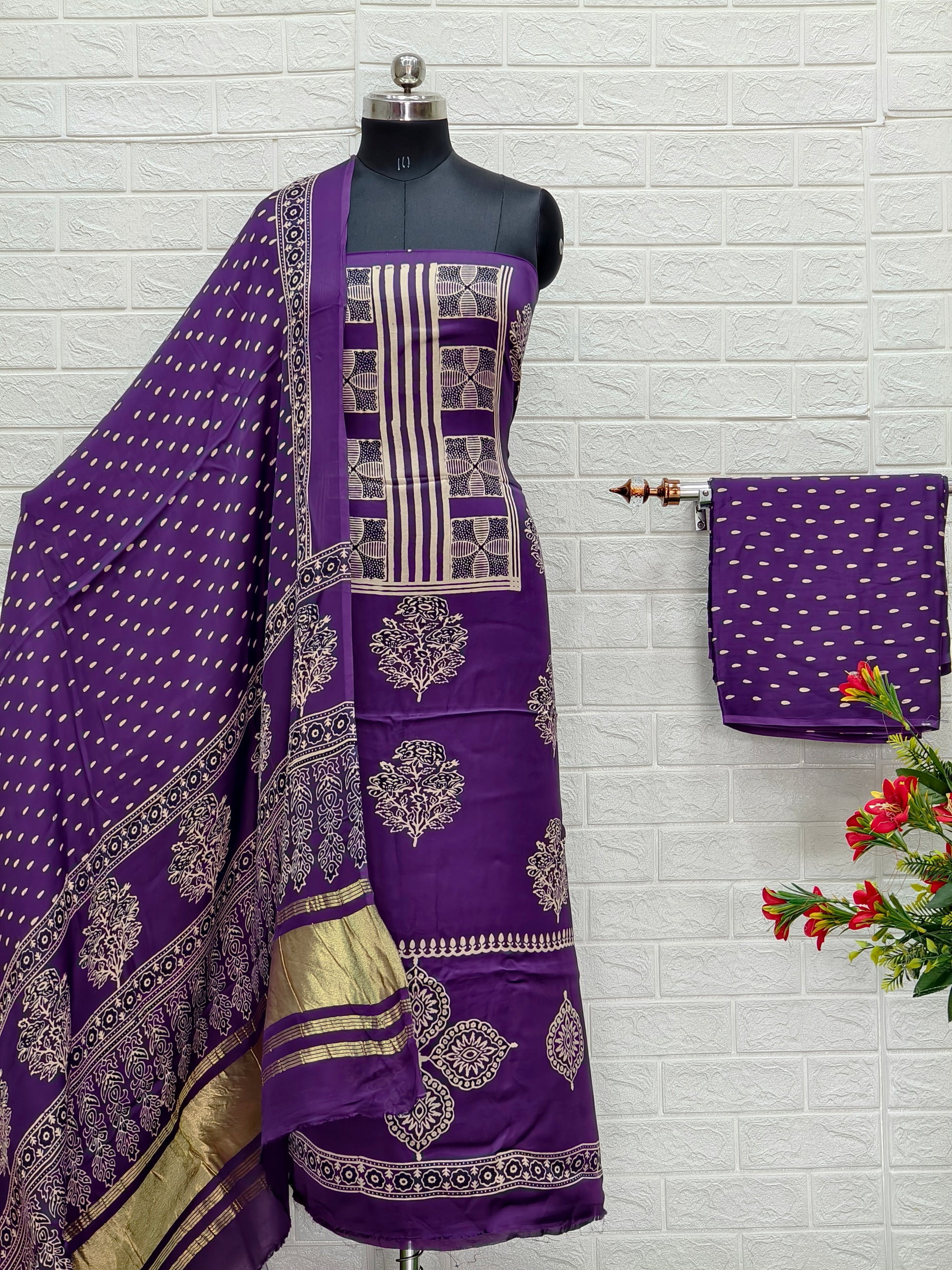 Pure Modal Silk Ajrakh Hand Block Print Neptol Dye 3 Pice Suit