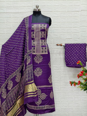 Pure Modal Silk Ajrakh Hand Block Print Neptol Dye 3 Pice Suit