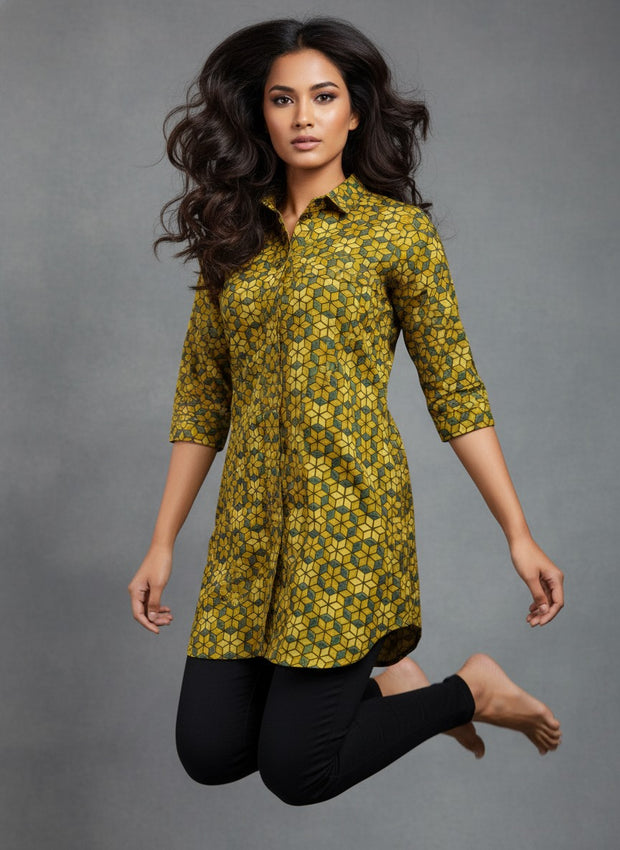 Ajrakh Hand Block Print Cotton Shirt – Red & Beige Floral Geometric Design | Ethnic Casual Wear