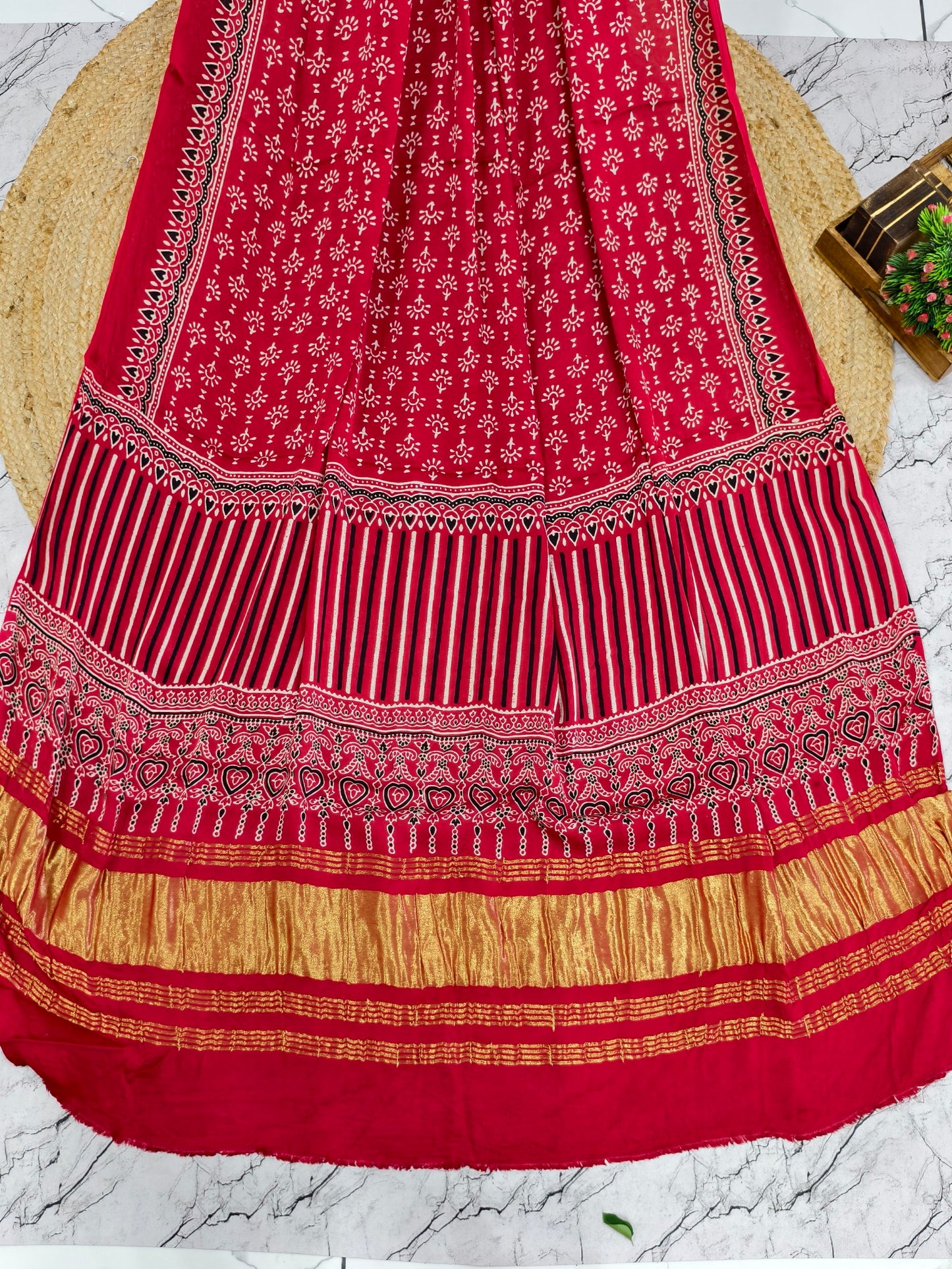 Modal Silk Red Ajrakh Hand Block Print Suit with Neptol Dye & Zari Pallu Dupatta – Premium Designer Ethnic Wear