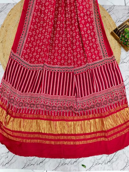 Modal Silk Red Ajrakh Hand Block Print Suit with Neptol Dye & Zari Pallu Dupatta – Premium Designer Ethnic Wear