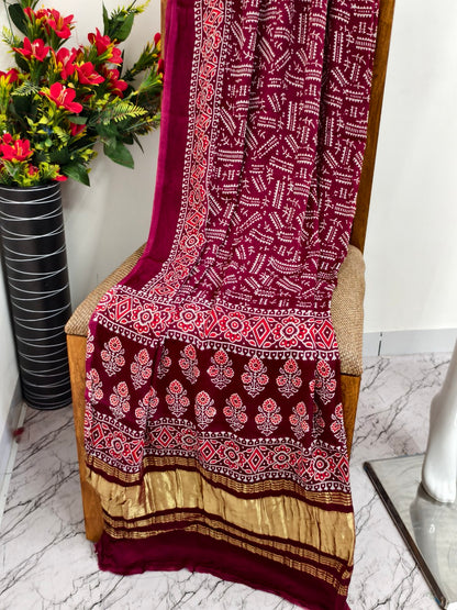 Modal Silk maroon  Ajrakh Hand Block Print Suit with Neptol Dye & Zari Pallu Dupatta – Premium Designer Ethnic Wear