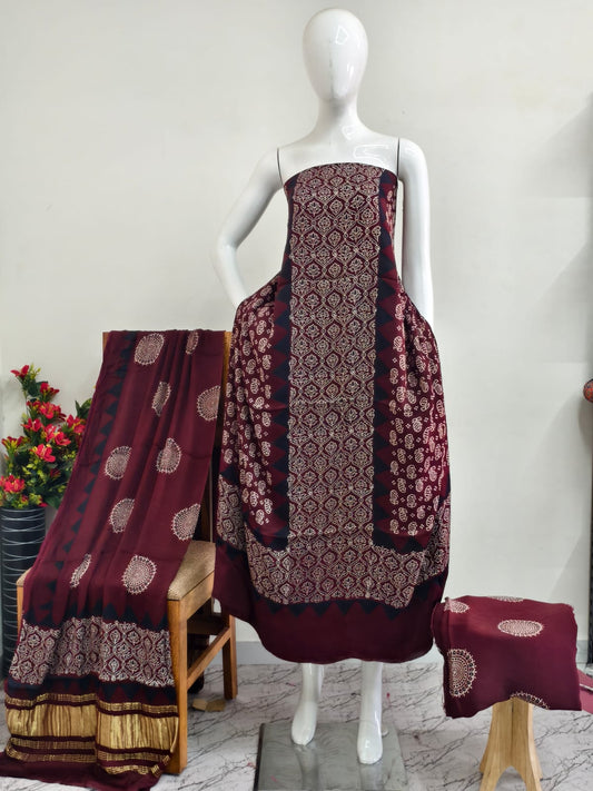 Modal Silk Ajrakh Hand Block Print Suit with Neptol Dye & Zari Pallu Dupatta – Premium Designer Ethnic Wear