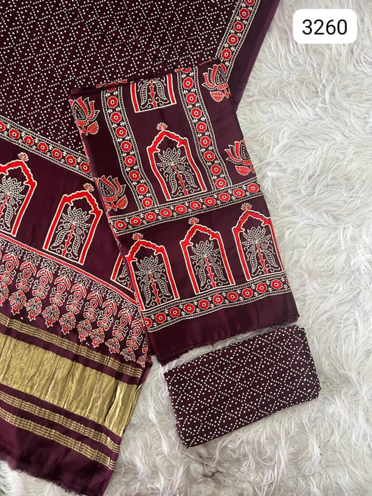Pure Modal Silk Ajrakh Hand Block Print Neptol Dye 3 Pice Suit