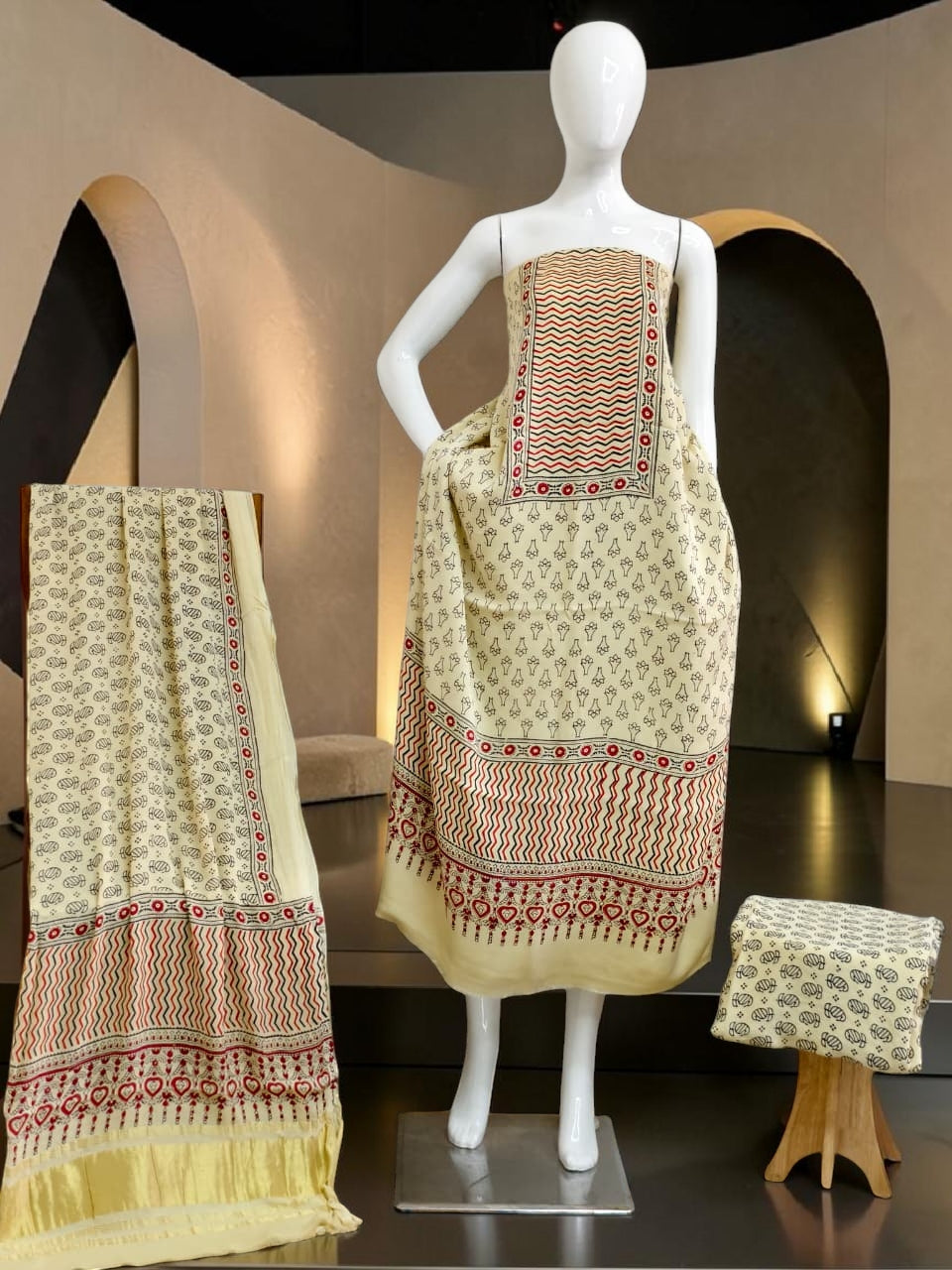 off white Modal Silk Ajrakh Hand Block Print Suit with Neptol Dye & Zari Pallu Dupatta – Premium Designer Ethnic Wear