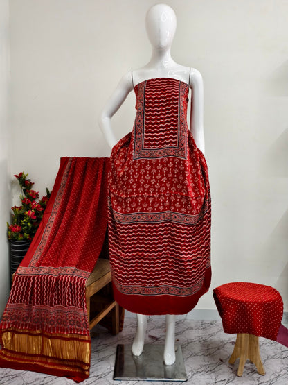 Modal Silk rust Ajrakh Hand Block Print Suit with Neptol Dye & Zari Pallu Dupatta – Premium Designer Ethnic Wear