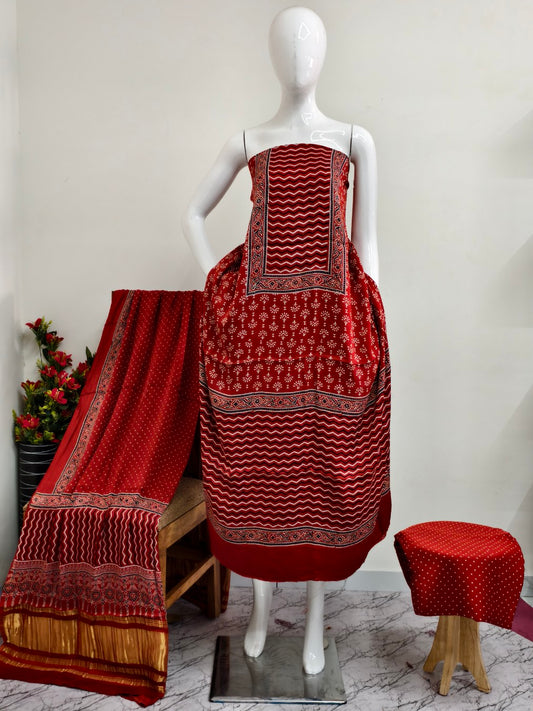 Modal Silk rust Ajrakh Hand Block Print Suit with Neptol Dye & Zari Pallu Dupatta – Premium Designer Ethnic Wear
