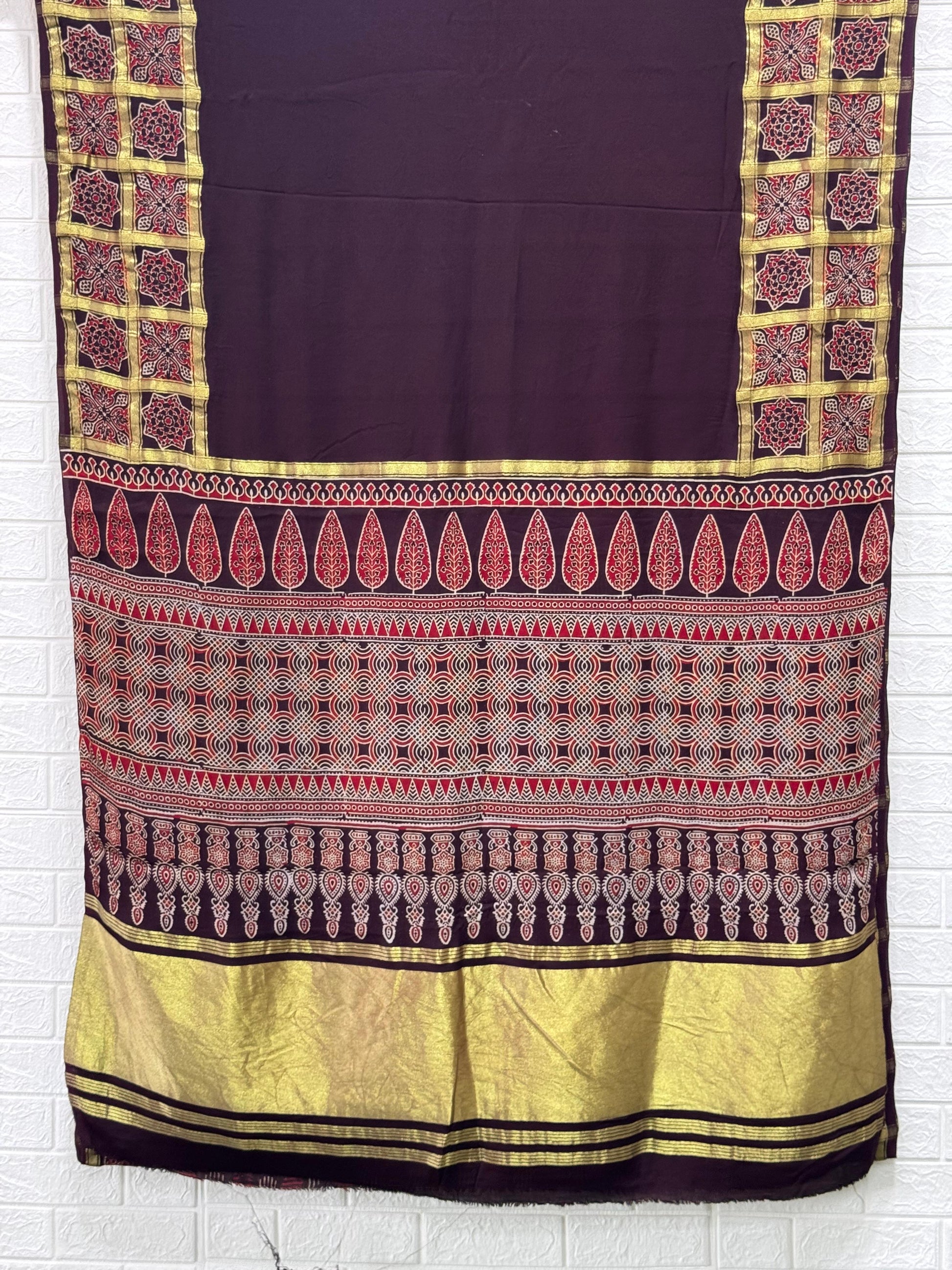 Ajrakh Hand Block Print Neptol Dye Saree with Zari Pallu