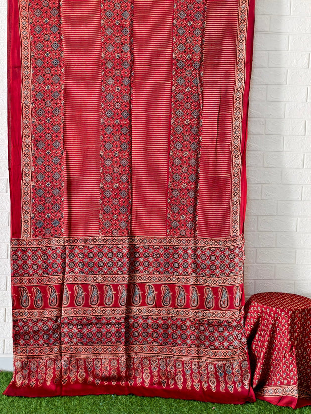 Modal Silk Red Ajrakh Hand Block Saree