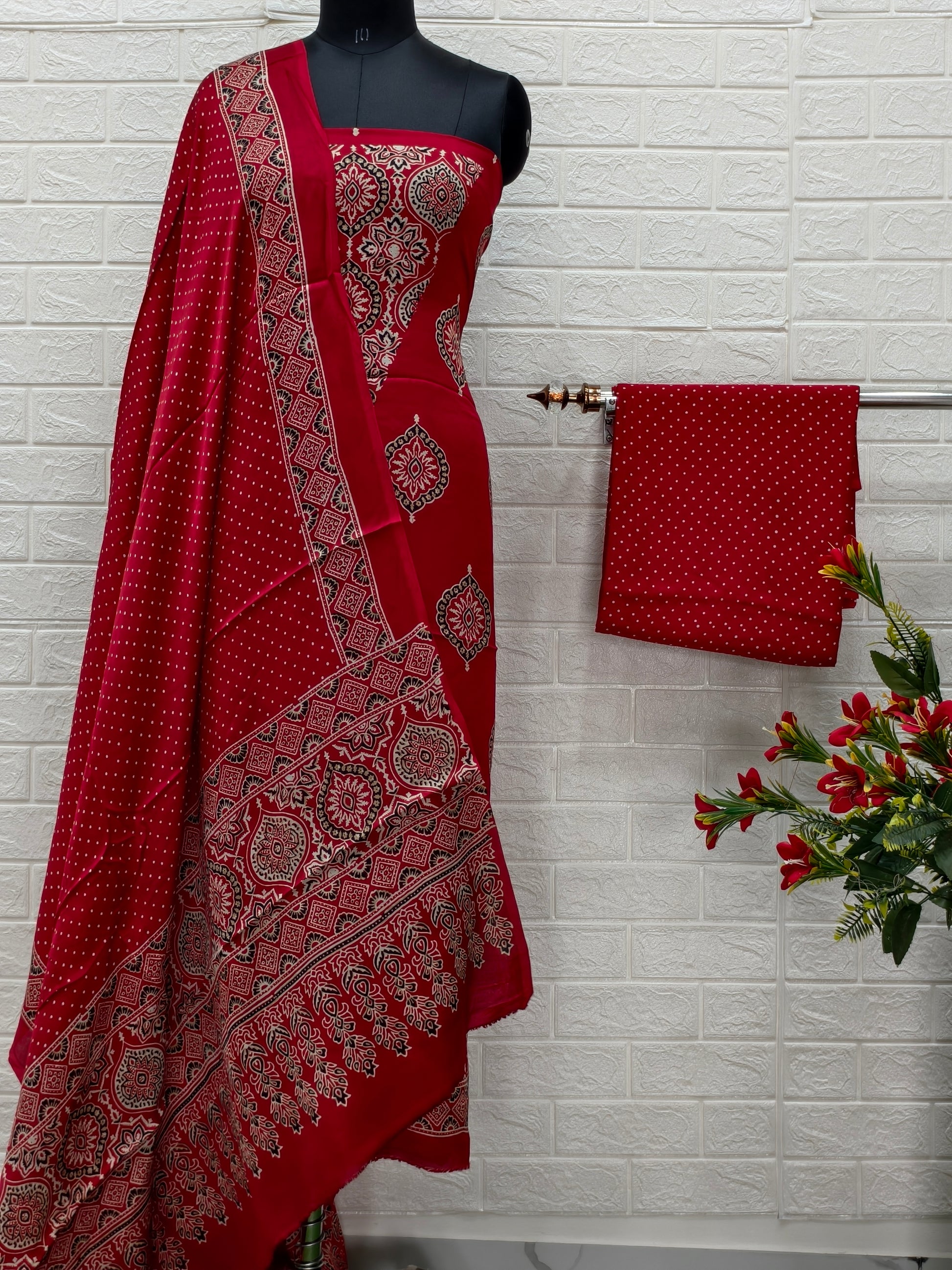 Ajrakh Hand Block Print Neptol Dye 3 Pice Suit
