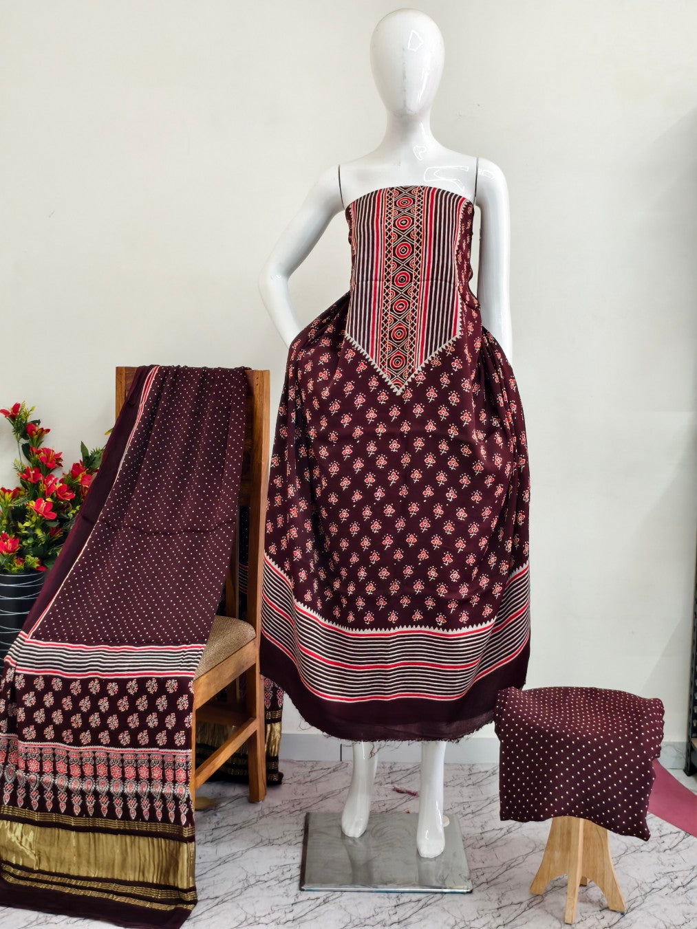 Modal Silk Ajrakh Hand Block Print Suit with Neptol Dye & Zari Pallu Dupatta – Premium Designer Ethnic Wear