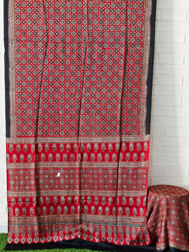 Modal Silk Red Ajrakh Hand Block Saree
