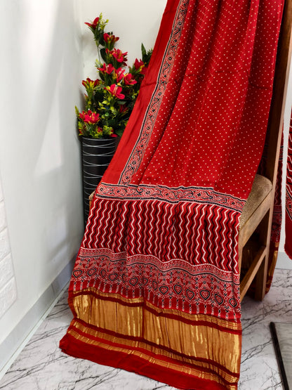 Modal Silk rust Ajrakh Hand Block Print Suit with Neptol Dye & Zari Pallu Dupatta – Premium Designer Ethnic Wear