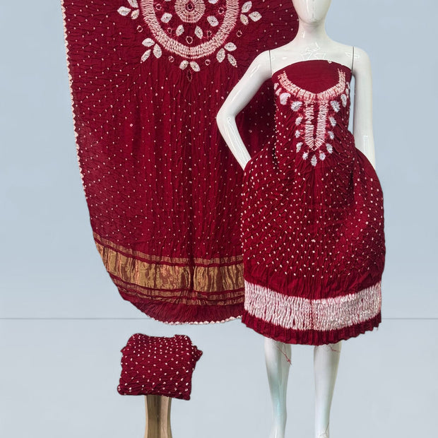 Modal Silk Shibori Suit Set with Bandhej Bottom & Zari Pallu Dupatta