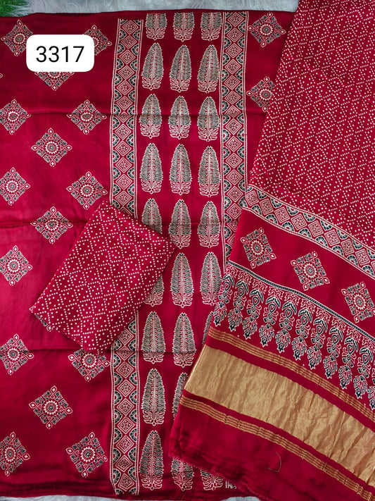 Pure Modal Silk Ajrakh Hand Block Print Neptol Dye 3 Pice Suit