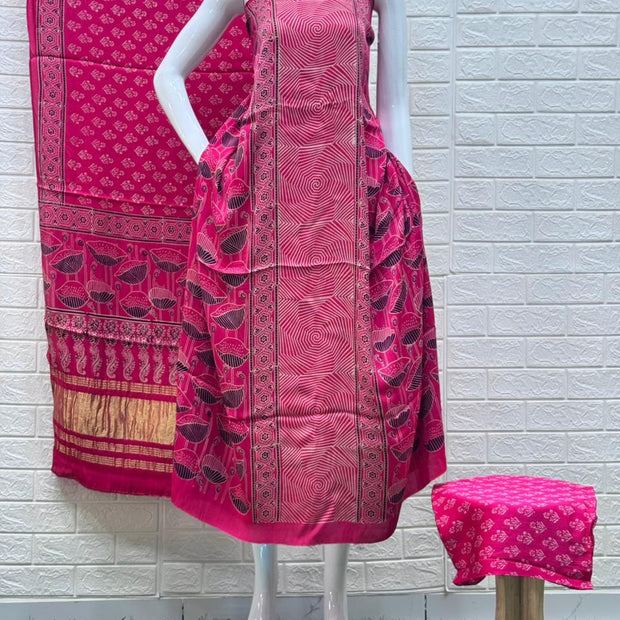 Pure Modal Silk Rust Ajrakh Hand Block Print Neptol Dye 3 Pice Suit