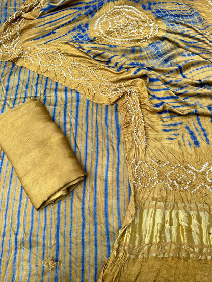 Khakhi & blue Modal Silk Tie & Dye Bandhani Dupatta 3 Piece Suits