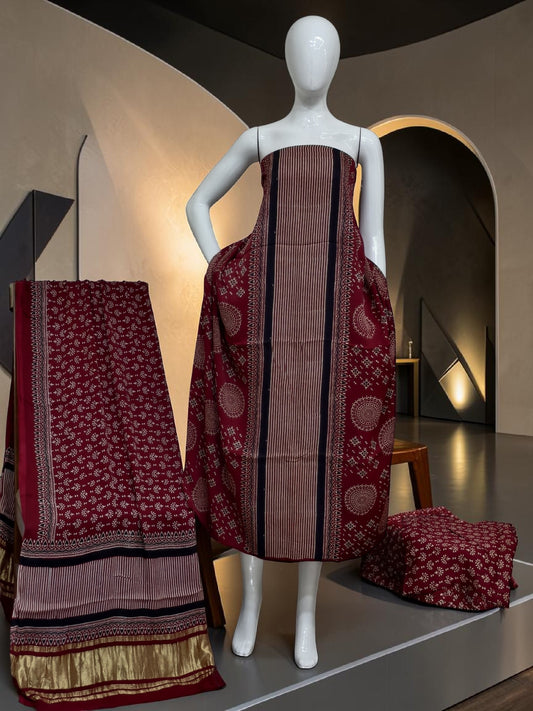 ladish maroon Modal Silk Ajrakh Hand Block Print Suit with Neptol Dye & Zari Pallu Dupatta – Premium Designer Ethnic Wear