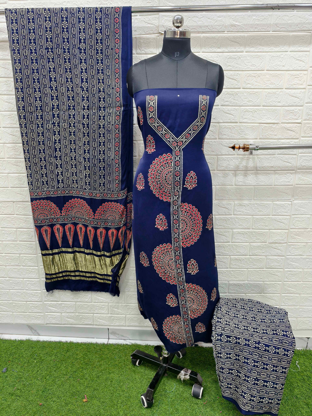 Pure Modal Silk Ajrakh Hand Block Print Neptol Dye 3 Pice Suit