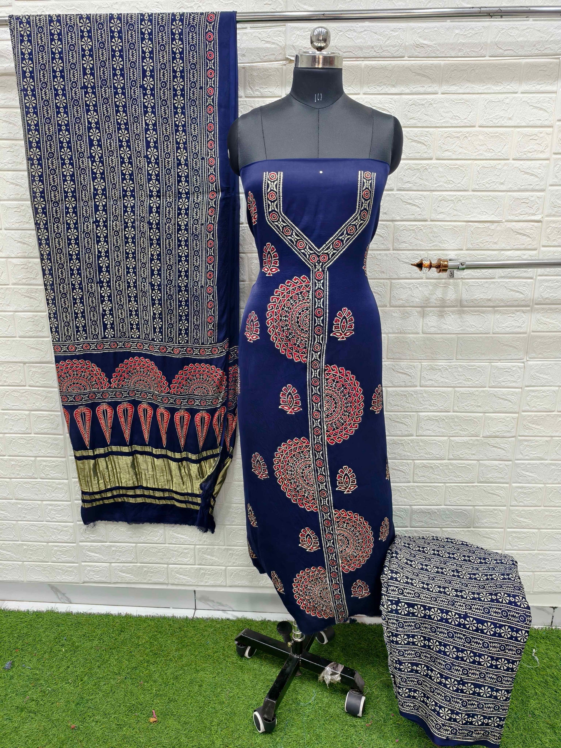 Pure Modal Silk Ajrakh Hand Block Print Neptol Dye 3 Pice Suit